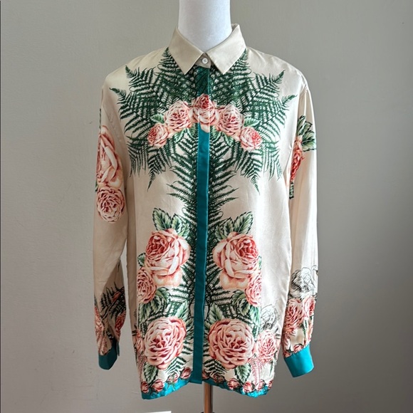 Paul & Joe Silk Vintage Floral Goose Print Button-Up Shirt Green Accents Size 3 - Picture 1 of 15